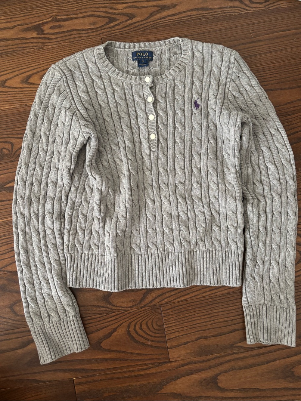 Polo by Ralph Lauren Light Gray Cable-Knit Henley Sweater with Purple Logo